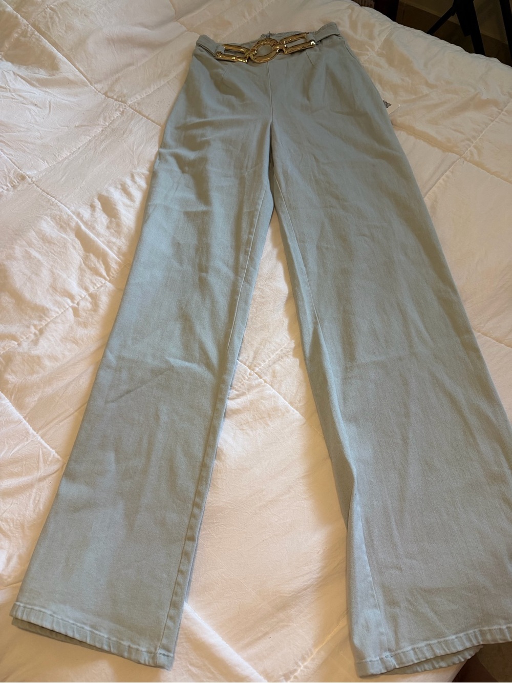 High-Waist Wide-Leg Jeans in Light Sage with Gold-Tone Chain